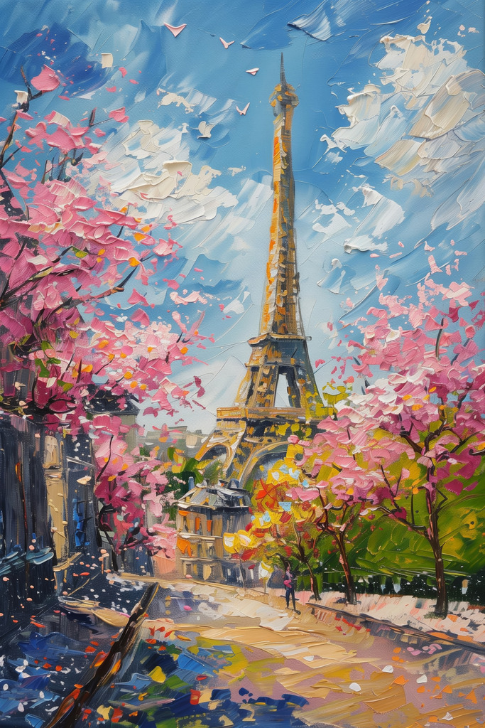 2403012 - Frühling in Paris | Blick auf den Eiffelturm und eine Pariser Straße voller Kirschblüten an einem Frühlingstag im Stil eines Gemäldes.