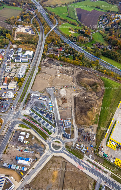 Bochum231102373 | Luftbild, Großbaustelle Mark 51/7, O-Werk Campus und Neubau Wissenschafts- und Technologiequartier, ehemaliges Opel Areal, Baustelle und Kreisverkher mit Innocampus Gebäude, Wittener Straße Bundesstraße B226 Auffahrt und Abfahrt zur Autobahn A448, Laer, Bochum, Ruhrgebiet, Nordrhein-Westfalen, Deutschland