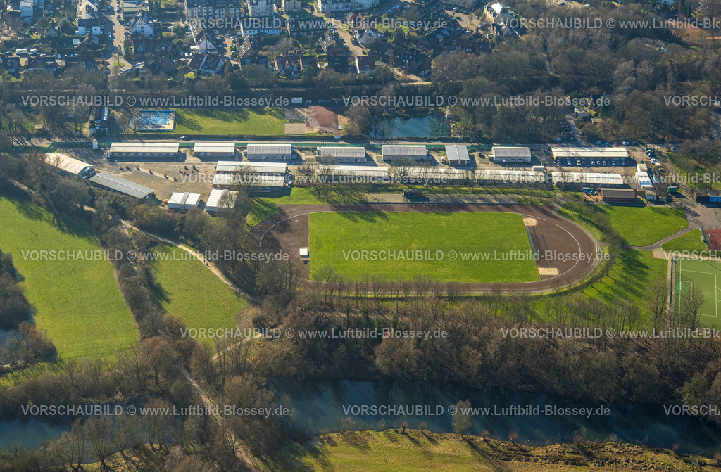 Muelheim230201072 | Luftbild, Sportpark Saarner Ruhraue, Flüchtlingsdorf Saarn, Saarn, Mülheim an der Ruhr, Ruhrgebiet, Nordrhein-Westfalen, Deutschland