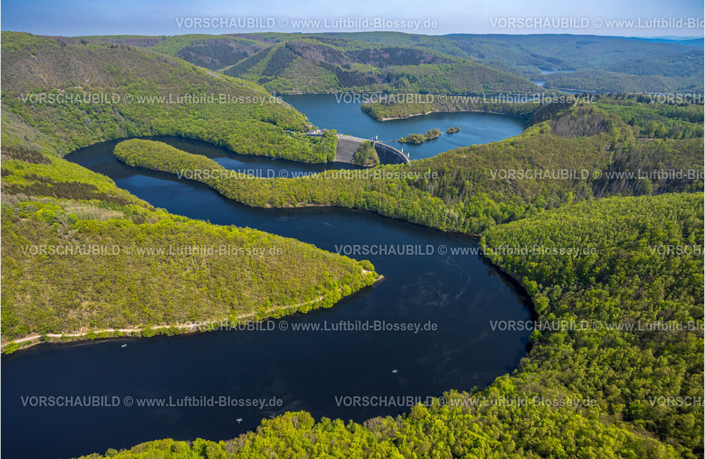 Schleiden240502006Eifel_Urfttalsperre | Luftbild, Fluss Rur und Urfttalsperre Urftsee, Fernsicht Waldgebiet Hügel und Täler, Nordeifel Nationalpark Eifel, Rurberg, Simmerath, Nordrhein-Westfalen, Deutschland