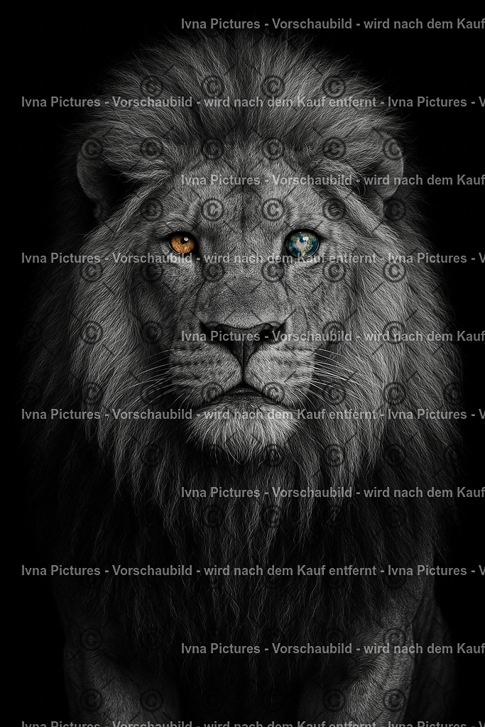 Blick des Königs | Ein mächtiger Löwe mit einem Mars-Auge links und einem Erde Auge rechts. Sein Blick vereint zwei Welten – Stärke und Entschlossenheit des roten Planeten, verbunden mit der Lebenskraft und Hoffnung unserer Erde. Ein Symbol für Balance, Macht und Verantwortung. - Realisiert mit Pictrs.com