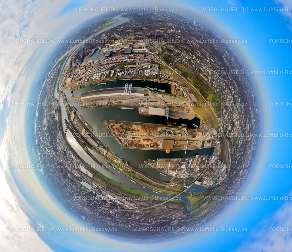 Duisburg240390029DuisburgerHafen-2 | Luftbild, Duisport - Duisburger Hafen, Hafengebiet mit Ölinsel, Kohleninsel und Schrottinsel, Fluss Ruhr, Erdkugel, Fisheye Aufnahme, Fischaugen Aufnahme, 360 Grad Aufnahme, tiny world, little planet, fisheye Bild, Ruhrort, Duisburg, Ruhrgebiet, Nordrhein-Westfalen, Deutschland, Duisburg-fish
