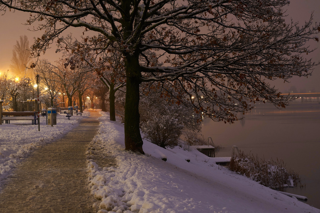 Winterlandschaft an der Alten Donau am Abend | Wien, Austria - December 09, 2021: Winterlandschaft an der Alten Donau am Abend. - Realisiert mit Pictrs.com