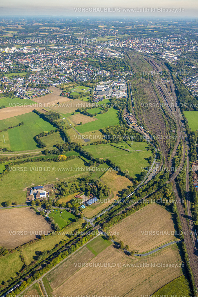 Hamm250901780 | Luftbild, Rangierbahnhof Hamm, Gewerbegebiet Schieferstraße mit Blick zur Innenstadt City, Stadtbezirk Pelkum, Hamm, Ruhrgebiet, Nordrhein-Westfalen, Deutschland