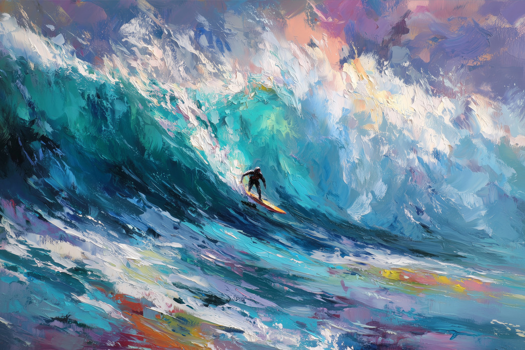2605020 - Wellenrausch | Ein Surfer vor einer gigantischen Welle im Stil eines Gemäldes.