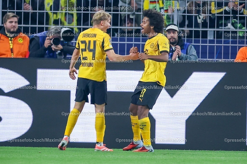 UCL01102501042 | 01.10.2025, Fußball, UEFA Champions League, Borussia Dortmund - Athletic Club Bilbao, BVB Stadion, 2. Spieltag, Saison 2025 2026: Torjubel nach dem Tor zum 1:0  durch Torschütze Daniel Svensson (BVB #24) zusammen mit Karim Adeyemi (BVB #27)    Regulations prohibit any use of photographs as image sequences and or quasi-video.