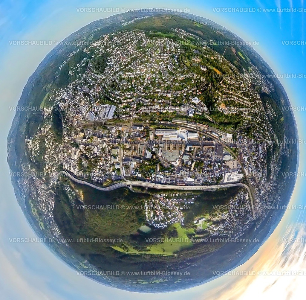 Siegen230990418UntermSender | Luftbild, Unterm Sender, Giersberg Senderturm, Erdkugel, Fisheye Aufnahme, Fischaugen Aufnahme, 360 Grad Aufnahme, tiny world, Siegen-Kernband, Siegen, Sauerland, Nordrhein-Westfalen, Deutschland