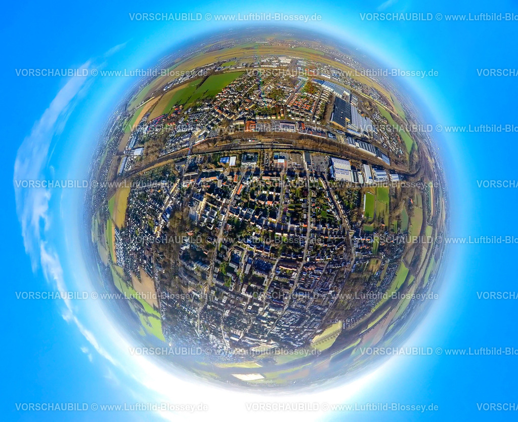 Holzwickede240190010Bahnhof | Luftbild, Wohngebiet Stadtmitte und Gewerbegebiet mit Hauptbahnhof Hbf, hinten der Dortmund Airport Flughafen Wickede, Erdkugel, Fisheye Aufnahme, Fischaugen Aufnahme, 360 Grad Aufnahme, tiny world, little planet, fisheye Bild, , Holzwickede, Ruhrgebiet, Nordrhein-Westfalen, Deutschland