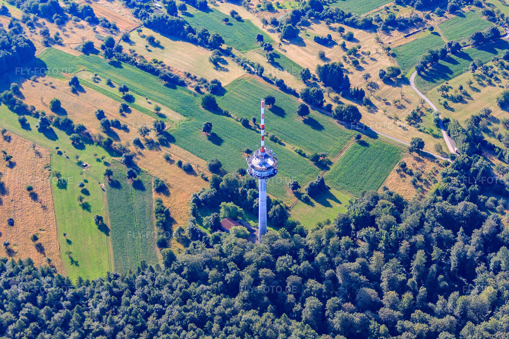 Luftbild: Fernmeldeturm im Ortsteil Grünwettersbach in Karlsruhe im Bundesland Baden-Württemberg in Deutschland. Foto: IMG_69855.jpg vom 06.07.2014 durch Werner Riehm/FLY-FOTO.deAuflösung des Originals: 4752 x 3168 px