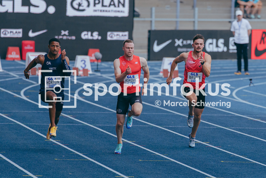 Deutsche Meisterschaften der Frauen und Männer 2026 | Kameron Horton, Cologne Athletics, Aleksandar Askovic, TSV Bayer 04 Leverkusen, Jakob Bruns, LG Brillux Münster, 100-Meter-Lauf, Vorlauf, Deutsche Meisterschaften der Frauen und Männer 2026, Lohrheidestadion Bochum-Wattenscheid, 25.07.2026. Foto: Marcel Schwering / sportimfokus - Realisiert mit Pictrs.com