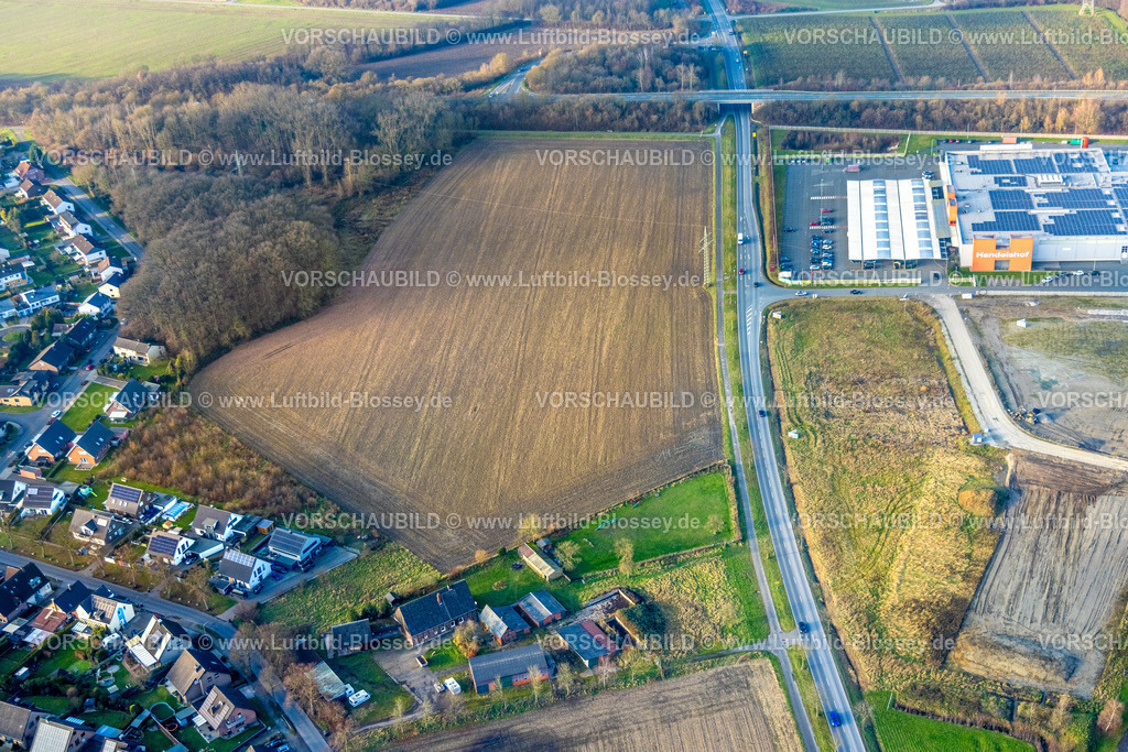 Hamm241200301 | Luftbild, Gewerbegebiet Lipperandstraße, Brachfläche und Baugebiet an der Römerstraße Ecke Lipperandstraße, Handelshof Hamm Großhandel, mit Solardach, Bockum-Hövel, Hamm, Ruhrgebiet, Nordrhein-Westfalen, Deutschland