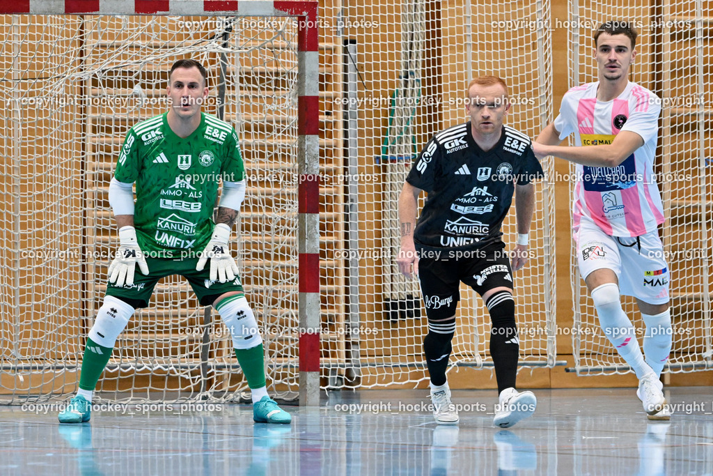 Carinthia Flamengo Futsal Club vs. FC Ljuti Krajisnici | #24 Dominik Hemmelmayer FC Ljuti Krajisnici, #27 Adnan Hodzic FC Ljuti Krajisnici, #2 Faris Buljubasic Carinthia Flamengo, Carinthia Flamengo Futsal Club vs. FC Ljuti Krajisnici, Carinthia Flamengo Fusal Club vs. FC Ljuti Krajisnici am 12.10.2025 in Klagenfurt (Ballspielhalle Viktring), Austria, (Photo by Bernd Stefan)