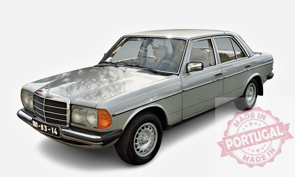 Silver Mercedes-Benz W123 driving on white background | Classic Mercedes-Benz W123 sedan driving on a white background, showcasing its vintage elegance and timeless design - Realized with Pictrs.com