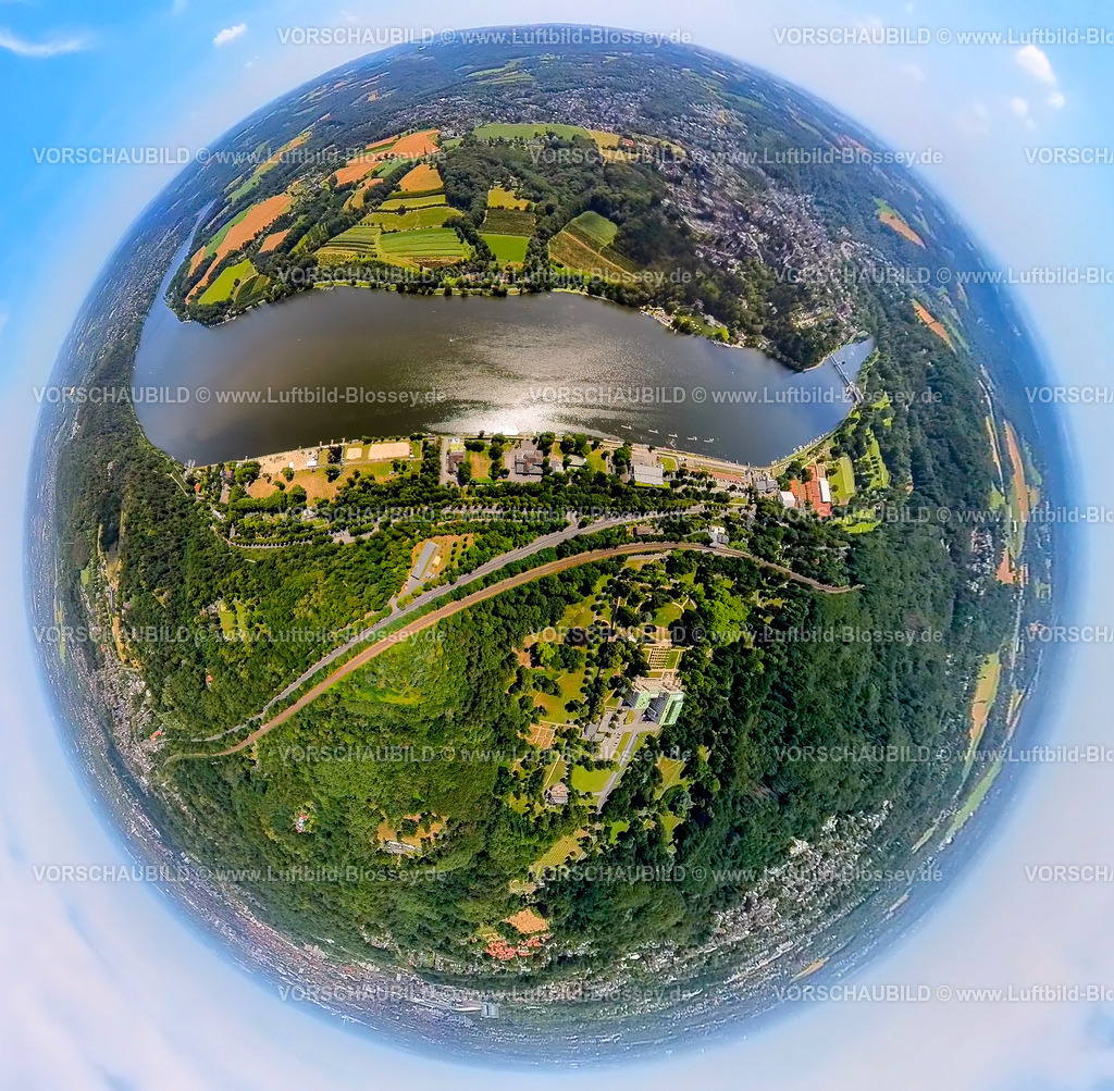 Essen230790243_Baldeneysee | Luftbild, Baldeneysee, Erdkugel, Fisheye Aufnahme, Fischaugen Aufnahme, 360 Grad Aufnahme, tiny world, Bredeney, Essen, Ruhrgebiet, Nordrhein-Westfalen, Deutschland