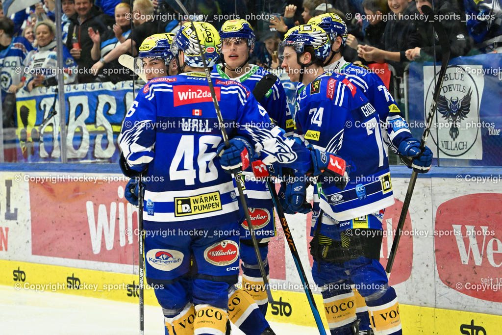 EC VSV vs. HC Bozen 16.2.2024 | Jubel EC VSV, #46 WALL Alex, #74 Golod Maxime, #91 WETZL Niklas,  EC VSV vs. HC Bozen 16.2.2024, EC VSV vs. HC Bozen 16.2.2024 am 16.02.2024 in Villach (Stadthalle Villach), Austria, (Photo by Bernd Stefan)