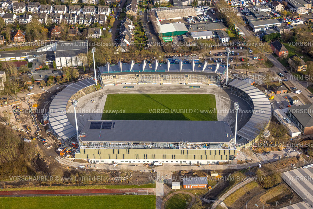 Bochum250203013WattenscheidLoheideStadion | Luftbild, Lohrheidestadion Wattenscheid, Fußballstadion mit Leichtathletikanlage der SG Wattenscheid 09, Baustelle und Umbau zur Erweiterung und Modernisierung, Sportplatz Fußballstadion und Leichtathletik Stadion der Sportfreunde Rot-Weiß Leithe 1919 e.V., Leithe, Bochum, Ruhrgebiet, Nordrhein-Westfalen, Deutschland