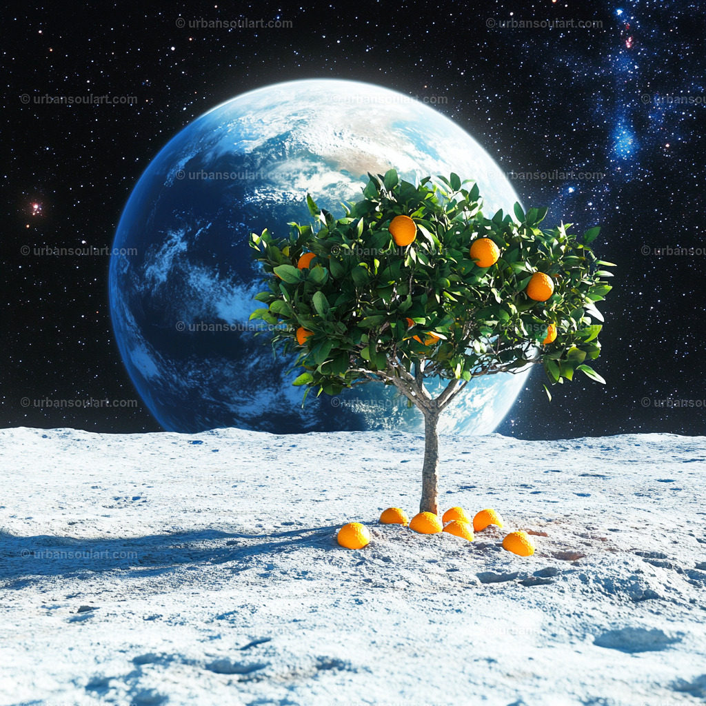 Orange Tree On The Moon | This surreal canvas showcases an orange tree growing on the moon, with Earth beautifully displayed in the background. The striking contrast of nature and space creates a thought-provoking, dreamlike atmosphere. Perfect for those who love unique, imaginative art that inspires wonder and conversation in contemporary living spaces. - Realisiert mit Pictrs.com