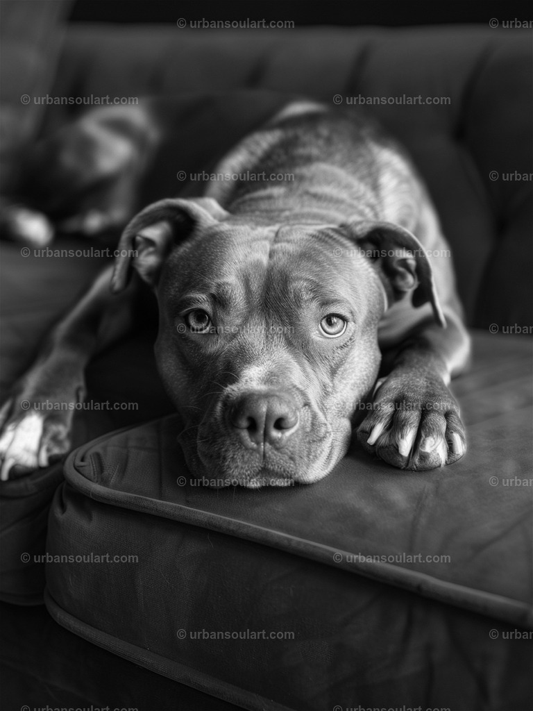 Pitbull On A Couch | A gentle portrait of a pitbull lounging on a couch, showing the soft and calm side of this powerful breed. This black-and-white image is perfect for dog lovers, adding warmth and character to your decor. - Realisiert mit Pictrs.com