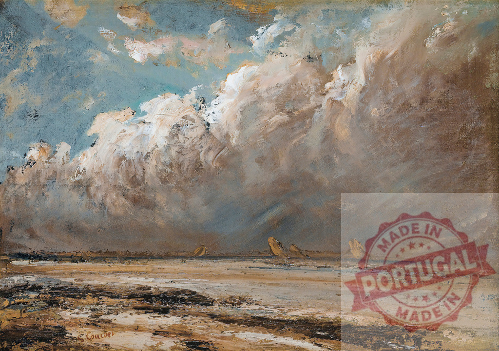 Gustave Courbet Gustave Courbet painting showing a stormy coastal landscape | Seascape painting detailing turbulent clouds over a broad beach with distant sailboats - Realized with Pictrs.com