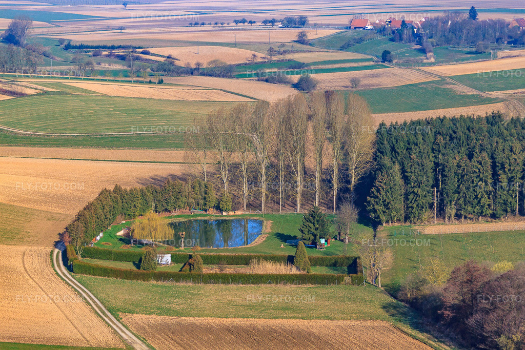 Aerial view: Pond at Muelbach in Seebach in the state Bas-Rhin, France. – Photo: IMG_62684.jpg taken on 03/09/2014 by Werner Riehm/FLY-FOTO.com – Resolution of the original: 4752 x 3168 px
