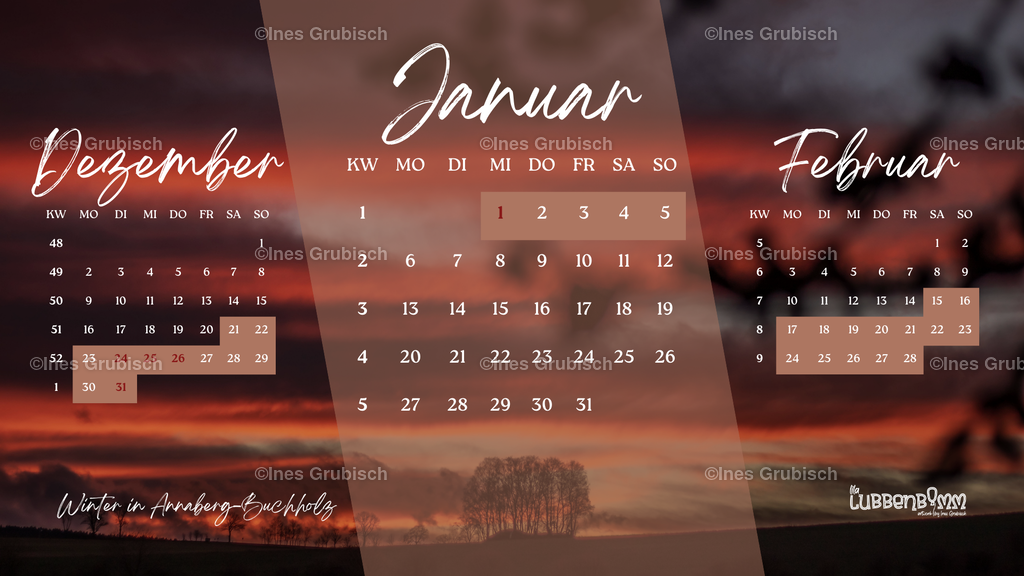 Kalender 2025 - 01 Januar | Lila Lubbenbomm - Artwork by Ines Grubisch - Realisiert mit Pictrs.com