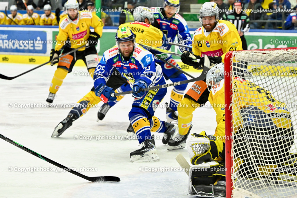 EC IDM WÄRMEPUMPEN VSV vs. Vienna Capitals | #31 Evan Cowley Vienna Capitals, #95 Mark Katic EC VSV, #25 Jeremy Gregoire Vienna Capitals, EC IDM WÄRMEPUMPEN VSV vs. Vienna Capitals, EC IDM WÄRMEPUMPEN VSV vs. Vienna Capitals am 16.11.2025 in Villach (Stadthalle Villach), Austria, (Photo by Bernd Stefan)