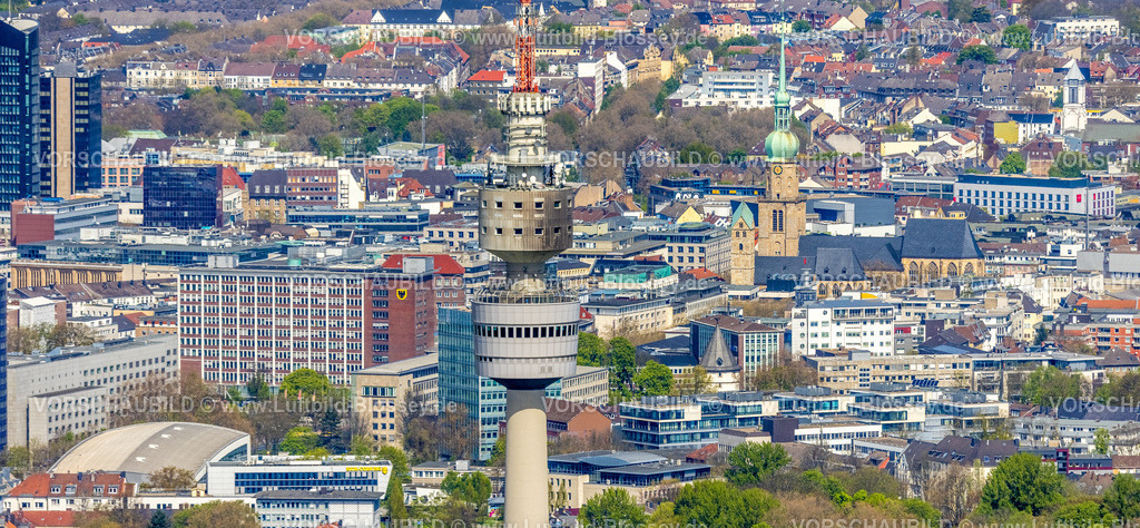 Dortmund230402042 | Luftbild, City, Turmspitze des Florianturms mit Blick zur evang. Stadtkirche St Marien und Reinoldikirche, Ruhrallee, Dortmund, Ruhrgebiet, Nordrhein-Westfalen, Deutschland