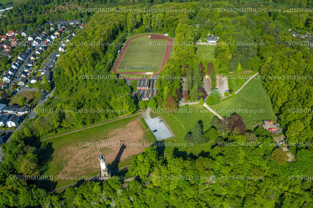 Wetter240503482 | Luftbild, Waldstadion Harkortberg des FC Wetter 1910/30 im Waldgebiet und Harkortturm mit Schatten, Wetter, Ruhrgebiet, Nordrhein-Westfalen, Deutschland