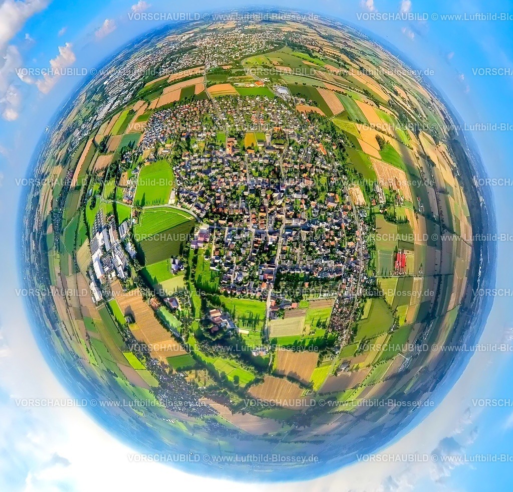 Werl230891052 Buederich-topaz | Luftbild, Ortsansicht Ortsteil Werl-Büderich, umgeben von Wiesen und Feldern, Erdkugel, Fisheye Aufnahme, Fischaugen Aufnahme, 360 Grad Aufnahme, tiny world, Westbüderich, Werl, Ruhrgebiet, Nordrhein-Westfalen, Deutschland