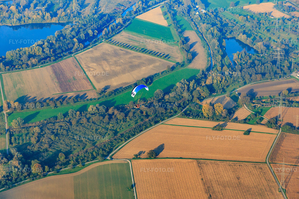 Luftbild: Paraglider über den Rheinauen am Altrhein im Ortsteil Eggenstein in Eggenstein-Leopoldshafen im Bundesland Baden-Württemberg in Deutschland. Foto: IMG_075486.jpg vom 26.10.2014 durch Werner Riehm/FLY-FOTO.de