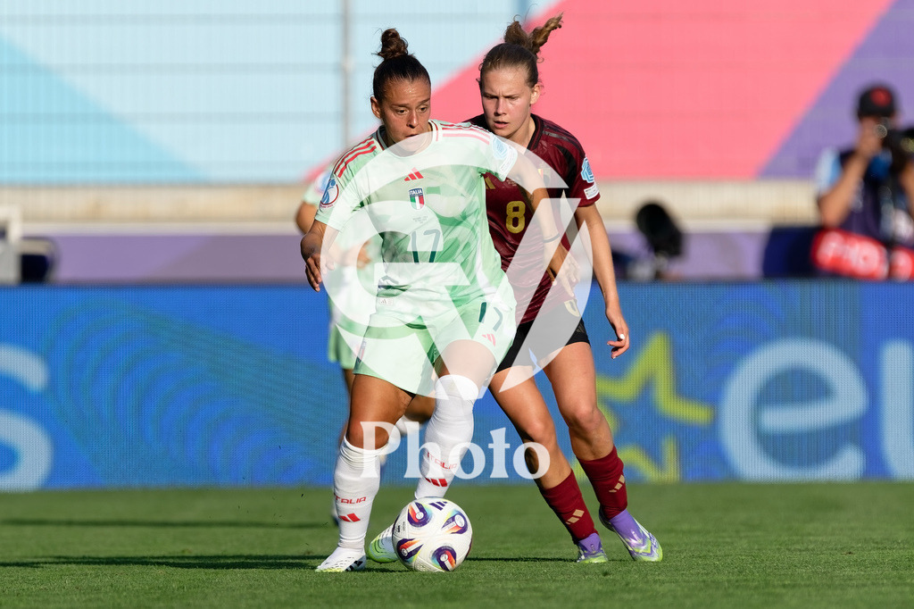 Belgium v Italy - UEFA Women's EURO 2025 Group B | SION, SWITZERLAND - JULY 3: Lisa Boattin of Italy (L) challenged by Jarne Teulings of Belgium (R) during the UEFA Womens EURO 2025 Group B match between Belgium and Italy at Stade de Tourbillon on July 3, 2025 in Sion, Switzerland. (Photo by Giuseppe Velletri/Sports Press Photo/Getty Images)