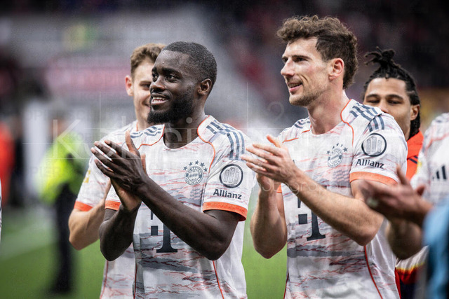 German Bundesliga, Bayer 04 Leverkusen vs. FC Bayern München, 14.03.2026 | LEVERKUSEN, GERMANY - MARCH 14:  Dayot Upamecano (FC Bayern Muenchen, 2) and Leon Goretzka (FC Bayern Muenchen, 8) after the German Bundesliga match on gameday 26 between Bayer 04 Leverkusen vs. FC Bayern München at BayArena on March 14, 2026 in Leverkusen, Germany. DFL REGULATIONS PROHIBIT ANY USE OF PHOTOGRAPHS AS IMAGE SEQUENCES AND/OR QUASI-VIDEO.