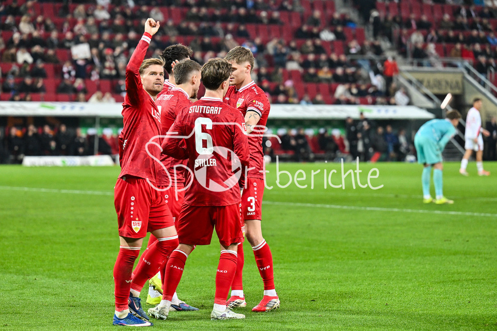 FC Augsburg - VfB Stuttgart | AUGSBURG, GERMANY - 22. MAERZ: Jubel der Gäste nach dem Treffer zum 2-5 durch Ermedin DEMIROVIC (VfB Stuttgart 9) / Tor / Torschuetze / Freude / Happy während dem Bundesligamatch zwischen dem FC Augsburg und dem VfB Stuttgart am 27. Spieltag in der WWK Arena / DFL REGULATIONS PROHIBIT ANY USE OF PHOTOGRAPHS AS IMAGE SEQUENCES AND/OR QUASI-VIDEO