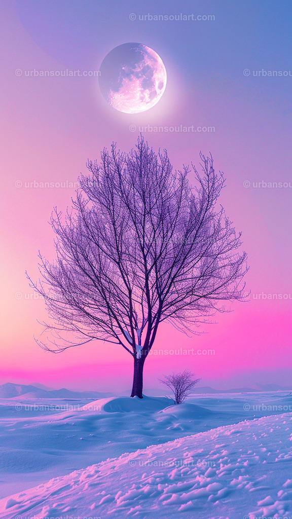 Tree In The Snow With Moon And Vibrant Sky After Sunset | A stunning winter scene of a bare tree silhouetted against a colorful sky and moonlit snow. This artwork adds tranquility and beauty, perfect for seasonal or nature-inspired decor. - Realisiert mit Pictrs.com