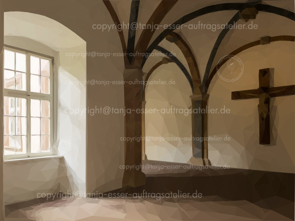 In einem Kloster | Architektur in einem Kloster. Rundbogen und Kruzifix. Grafik in Low Poly Art.