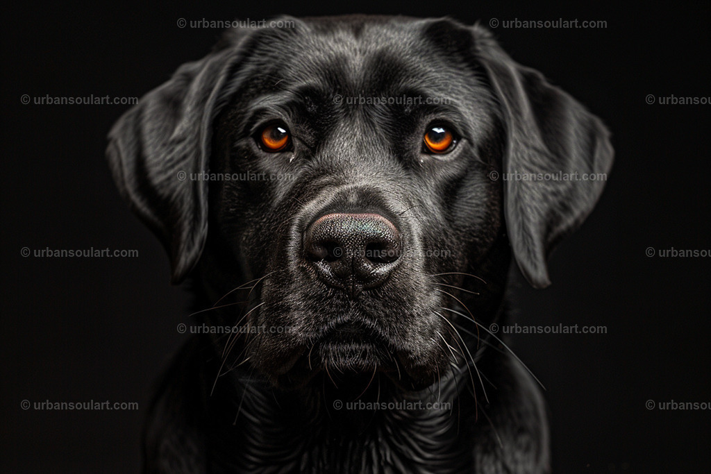 Black Labrador Portrait On Black Background | A captivating portrait of a black Labrador against a dark background, highlighting the dog's soulful eyes and glossy fur. Perfect for dog lovers, this artwork adds sophistication and character to any room, celebrating the elegance and loyalty of man’s best friend. - Realisiert mit Pictrs.com