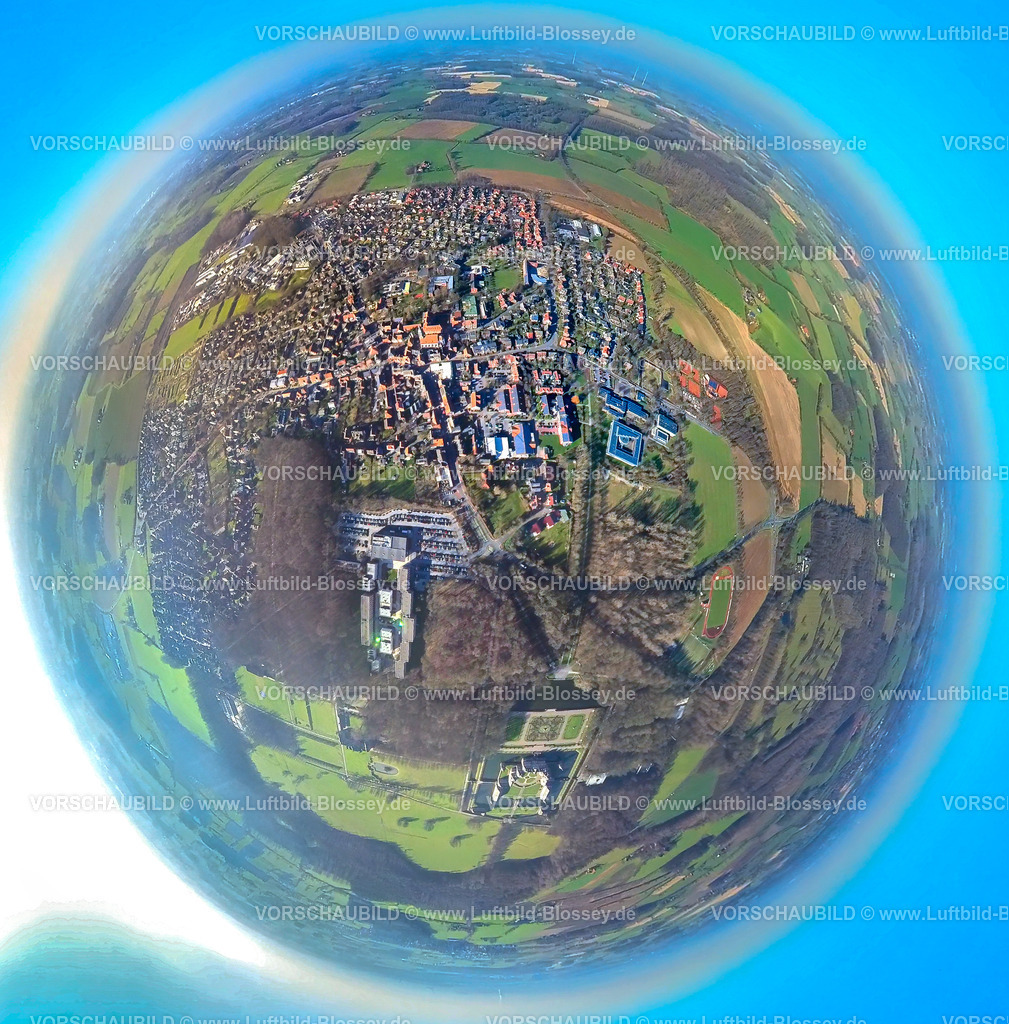 Nordkirchen230290023_Mitte | Luftbild, Nordkirchen Mitte, Ortsansicht, Fisheye Aufnahme, Fischaugen Aufnahme, 360 Grad Aufnahme, Nordkirchen, Münsterland, Nordrhein-Westfalen, Deutschland