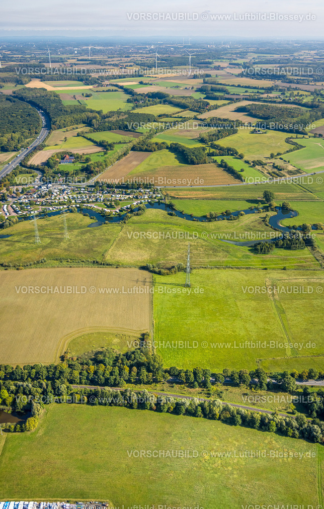 Hamm250900863 | Luftbild, Fluss Lippe Flussmäander Auenlandschaft Schmehauser Mersch, Autobahn A2, Wiesen und Felder, Autohof Lippetal und Campingplatz Uentrop Helbach - Lippetal, Uentrop, Hamm, Ruhrgebiet, Nordrhein-Westfalen, Deutschland