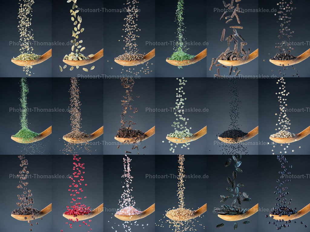 Geschmacksexplosion – Naturgewürze auf Holzlöffeln | Geschmacksexplosion – Naturgewürze auf Holzlöffeln. Kollektion: A spoon of tastefully seasonings.In dieser dynamischen Fotocollage fallen sechzehn unterschiedliche Gewürze und Kräuter in elegantem Schwung von oben in rustikale Holzlöffel, eingefangen mit Highspeed-Technik. Vor einem dunklen, blaugrauen Hintergrund entfalten sich die natürlichen Farben und Texturen von Fenchel, Koriander, Gewürznelken, Piment, Kardamom, Kümmel, Wacholderbeeren, Tonkabohnen, Himalaya-Salz, grünem, schwarzem und weißem Pfeffer, Langpfeffer, Rosa Beeren, Senfkörnern, schwarzem Kümmel sowie Dillspitzen und Petersilie. Die Bewegung der fallenden Zutaten wird kunstvoll eingefroren und verleiht der Szene eine kraftvolle Dynamik, die sowohl das Auge fesselt als auch die Vielfalt der Aromen zelebriert.Beste Orte zum AufhängenPrivater Bereich:Küchenwand als Highlight und Inspirationsquelle.Esszimmer für ein stilvolles, kulinarisches Ambiente.Wohnzimmer als eleganter Blickfang für Liebhaber von Kochkunst.Gewerblicher Bereich:Restaurants, insbesondere in der Fine-Dining-Gastronomie.Feinkostläden oder Gewürzgeschäfte als atmosphärischer Akzent.Kochschulen oder Cateringservices zur visuellen Verstärkung des Themas.Hotels in Frühstücksräumen oder thematisch passenden Restaurants.Alu-Dibond:Die edle, matte Oberfläche unterstreicht die satten Farben und die feine Struktur der Gewürze ohne störende Reflexionen – ideal für moderne Küchen und Gastronomiebetriebe.Acrylglas:Das brillante, leicht schimmernde Finish verstärkt die Dynamik der fallenden Gewürze und verleiht dem Bild Tiefe – perfekt für stilvolle Restaurants und Hotellobbys.Poster (hochwertig gedruckt):Als dekoratives, leicht wechselbares Element bringt das Poster Lebendigkeit und Geschmack in private Küchen oder kleinere Cafés.Leinwand:Die natürliche Struktur der Leinwand harmoniert wunderbar mit dem rustikalen Stil der Holzlöffel und verleiht dem Bild eine warme, handwerkliche Anmutung – optimal für gemütliche Wohnküchen oder Landgasthöfe. - Realisiert mit Pictrs.com