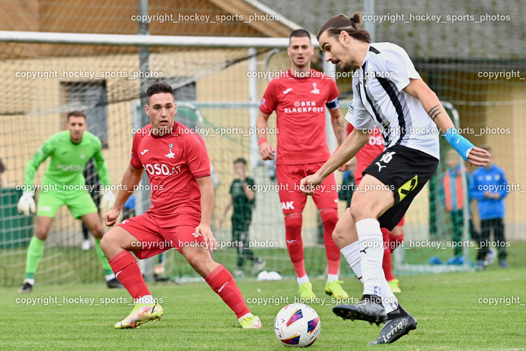 SVG Bleiburg vs. SAK 23.9.2023 | #20 Luka Vukovic SAK, #16 Miha Vidmar SVG Bleiburg, SVG Bleiburg vs. SAK 23.9.2023, SVG Bleiburg vs. SAK am 23.09.2023 in Bleiburg (Karl Kornberger Stadion), Austria, (Photo by Bernd Stefan)
