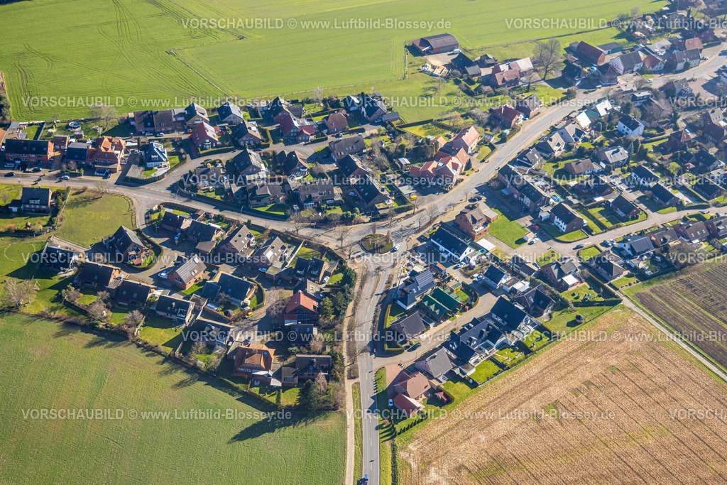 Olfen230206307Vinnum | Luftbild, Ortsteil Vinnum mit Kreisverkehr Olfener Landweg und Hauptstraße, Olfen-Kirchspiel, Olfen, Münsterland, Nordrhein-Westfalen, Deutschland