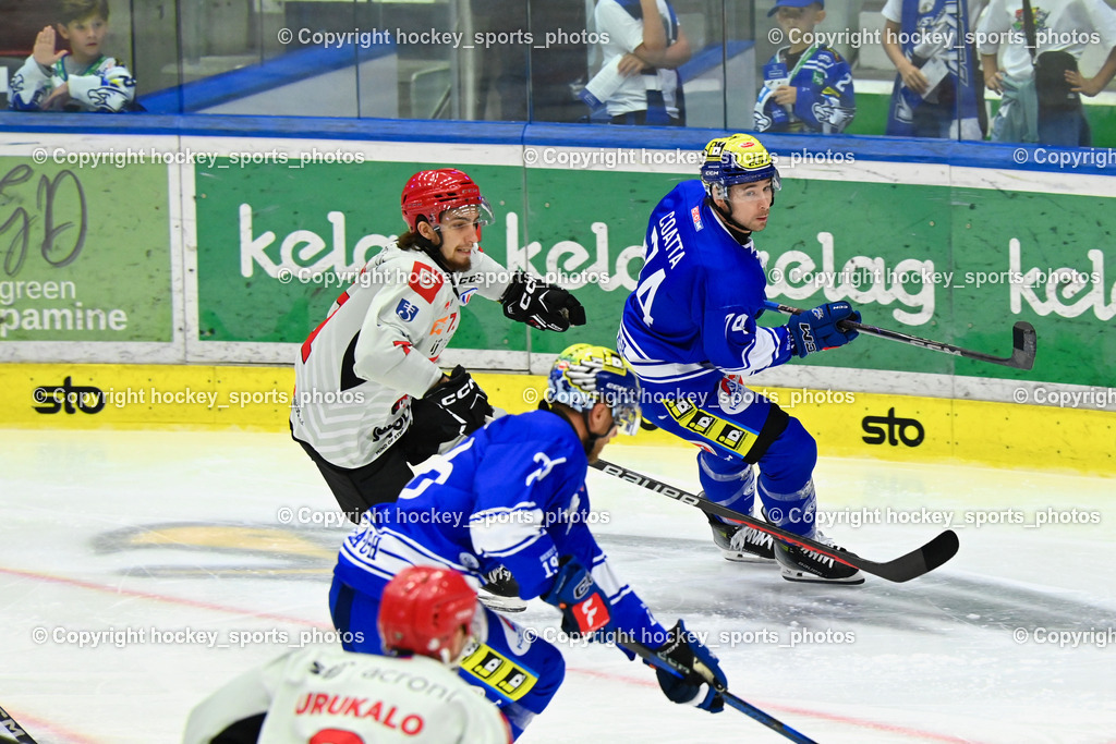 EC IDM Wärmepumpen VSV vs. HDD Jesenice | #71 BRUS Nejc HDD Jesenice, #74 COATTA Max EC VSV, EC IDM Wärmepumpen VSV vs. HDD Jesenice, EC IDM Wärmepumpen VSV vs. HDD Jesenice am 08.09.2024 in Villach (Stadthalle Villach), Austria, (Photo by Bernd Stefan)