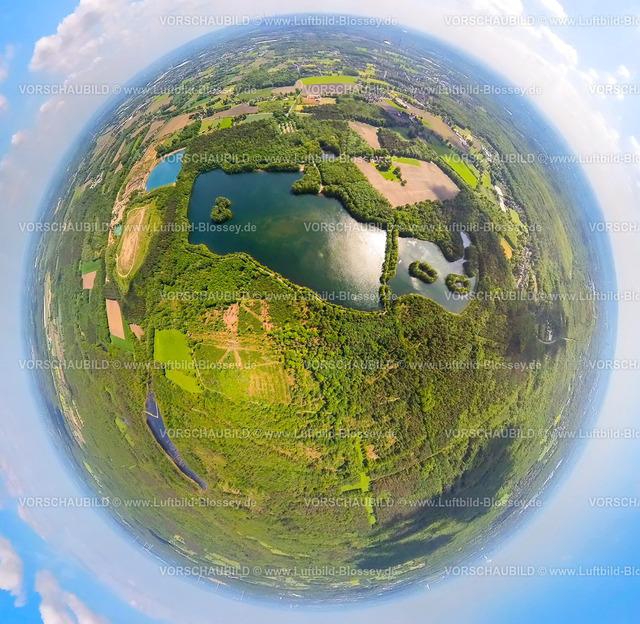 Bottrop230520079KirchhelleHeidesee | Luftbild, Heidesee in der Kirchheller Heide, Erdkugel, Fisheye Aufnahme, Fischaugen Aufnahme, 360 Grad Aufnahme, Kirchhellen-Süd, Bottrop, Ruhrgebiet, Nordrhein-Westfalen, Deutschland