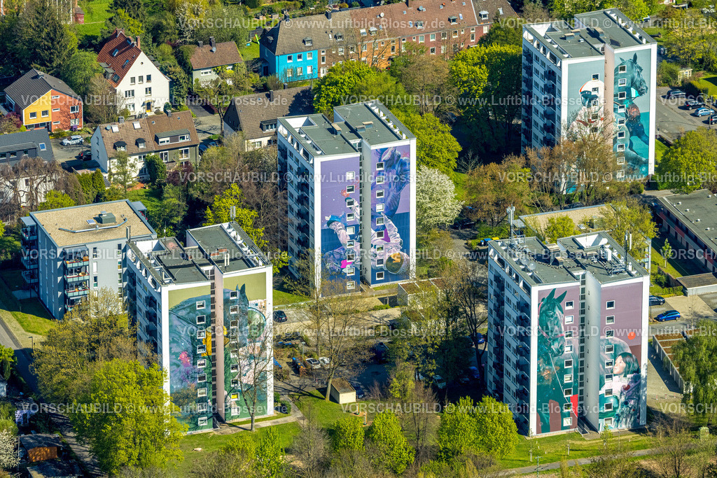 Dortmund230400780 | Luftbild, Hochhäuser mit großformatigen Motiven von Pferden, Kindern und Astronauten auf den Hochhausfassaden, Espenstraße, Wambel, Dortmund, Ruhrgebiet, Nordrhein-Westfalen, Deutschland