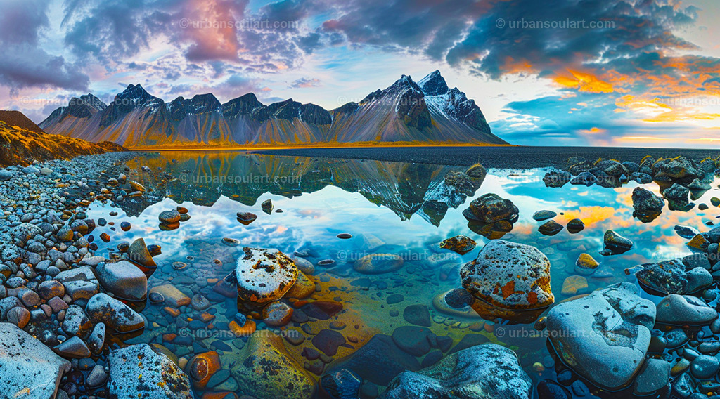 Icelandic Coastal Sunset With Vibrant Colors  | A mesmerizing Icelandic sunset canvas with vibrant colors that reflect off calm coastal waters and snowy peaks. This piece brings warmth and beauty, capturing a fleeting moment where day meets night in a spectacular show of color. - Realisiert mit Pictrs.com