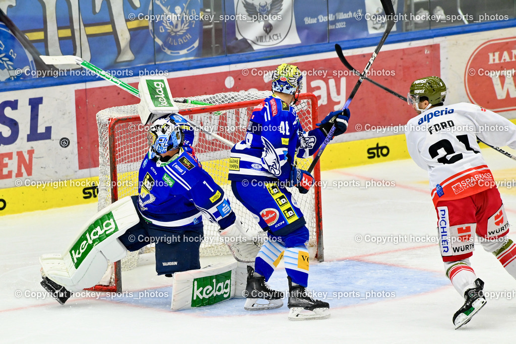 EC IDM Wärmepumpen VSV vs. HC Bozen 19.9.2023 | #1 Jean-Philippe Lamoureux, #46 WALL Alex,  #21 Ford Connor, win2day icehockeyleague, EC IDM Wärmepumpen - HC Bozen  am 19.09.2023 in Villach (Stadhalle Villach), Austria, (Photo by Bernd Stefan)