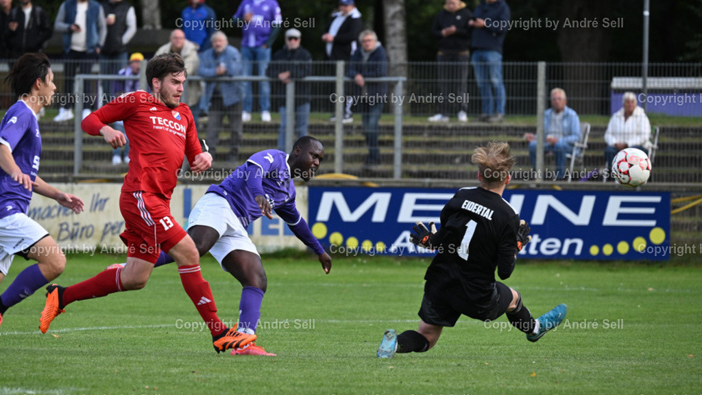 VfR Neumünster vs SpVg Eidertal Molfsee | Moshood Adesanya (VfR #9 erzielt hier das 2-0) / Livius Höckendorff (Molfsee #13) &amp; Fynn Mohr (Molfsee #1) - Fußball-Oberliga Männer 2024/2025 / VfR Neumünster vs SpVg Eidertal Molfsee / VfR-Stadion / Neumünster / 29.09.24 - Realisiert mit Pictrs.com