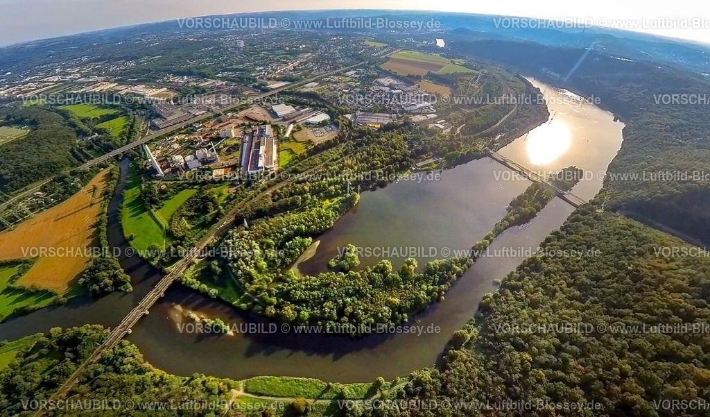 Hagen230990047 Hengsteysee | Luftbild, Hengsteysee mit Mündung Fluss Ruhr und Mündung Fluss Lenne, Brücke Dortmunder Straße, Blick nach Hagen-Bathey, Erdkugel, Fisheye Aufnahme, Fischaugen Aufnahme, 360 Grad Aufnahme, tiny world, Boele, Hagen, Ruhrgebiet, Nordrhein-Westfalen, Deutschland