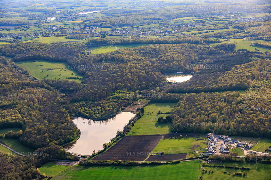 Aerial view: Two fish ponds in the forest Étang de Diebling and Étang de Metzing in Metzing in the state Moselle, France. – Photo: IMG_154235.jpg taken on 04/17/2026 by Werner Riehm/FLY-FOTO.com – Resolution of the original: 6000 x 4000 px