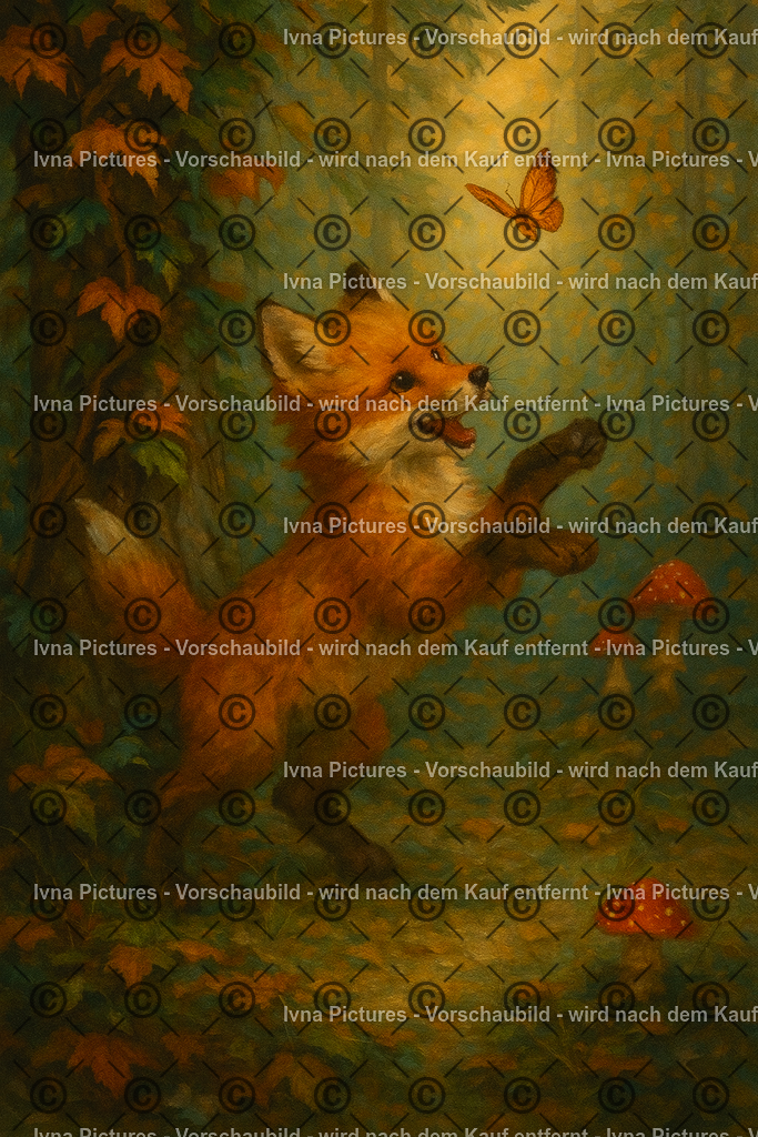Das Spiel des Lichts | Verspielt jagt der junge Fuchs einem Schmetterling nach, der im goldenen Morgenlicht tanzt. In diesem Augenblick scheint der ganze Wald stillzustehen – nur Freude, Bewegung und das warme Leuchten des Lebens erfüllen die Szene. - Realisiert mit Pictrs.com